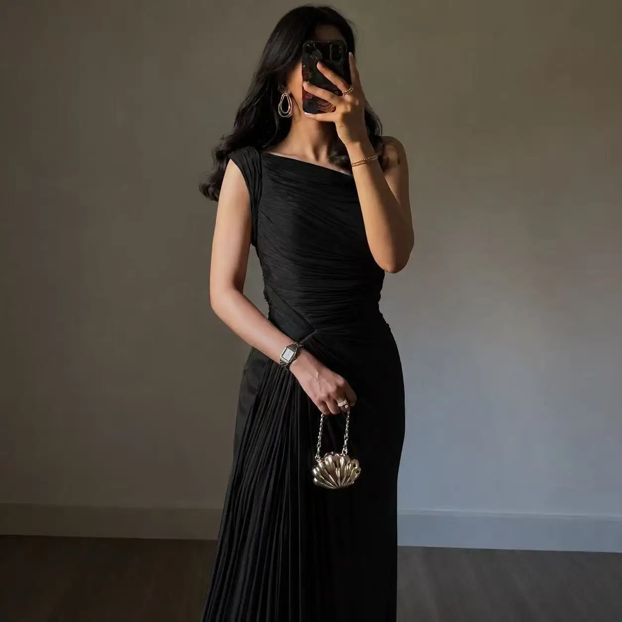 2025 Spring Summer New Fashion Pleated Dress for Women Chic Elegant Off Shoulder Sleeveless High Waist Evening Long Dresses