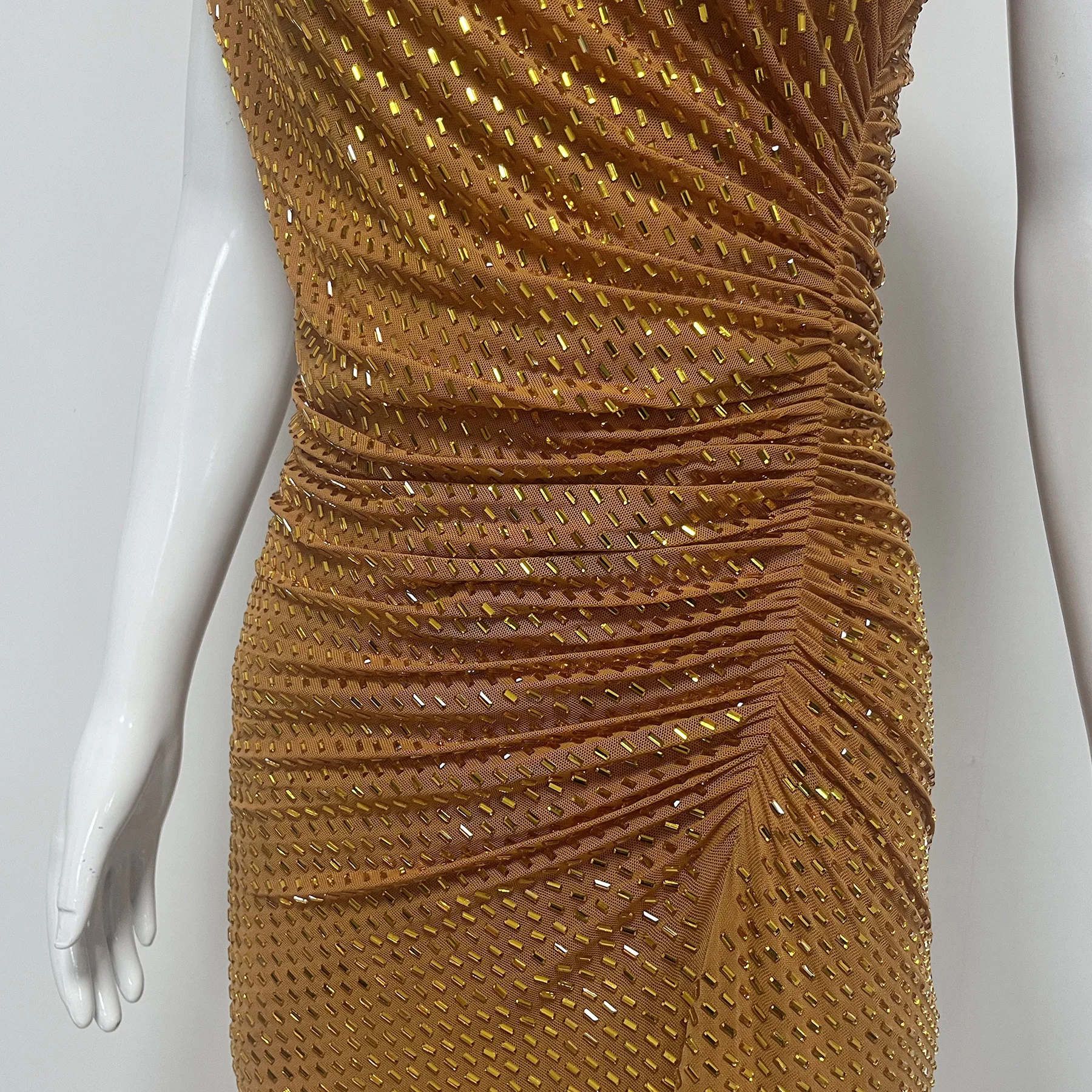 Summer 2025 Women's New Orange Short Sleeve Slim Fit Pleated Shiny Long Dress Elegant Fashionable Evening Party Dress