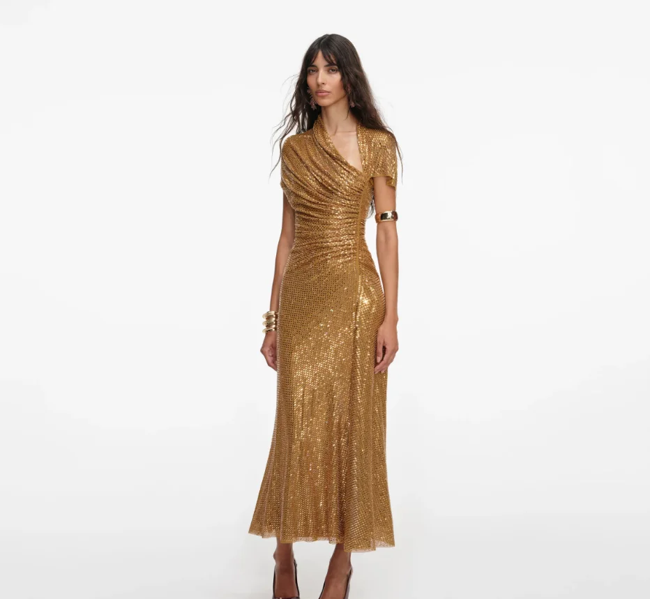 Summer 2025 Women's New Orange Short Sleeve Slim Fit Pleated Shiny Long Dress Elegant Fashionable Evening Party Dress
