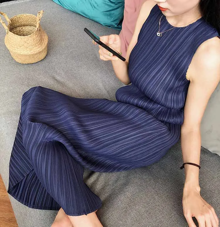 Miyake Pleated Women Dress Summer Sleeveless Long Classic Korean Fashion Casual Elegant Female Lce Water Blue Beach Dress TP5045
