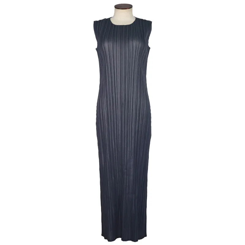 Miyake Pleated Women Dress Summer Sleeveless Long Classic Korean Fashion Casual Elegant Female Lce Water Blue Beach Dress TP5045