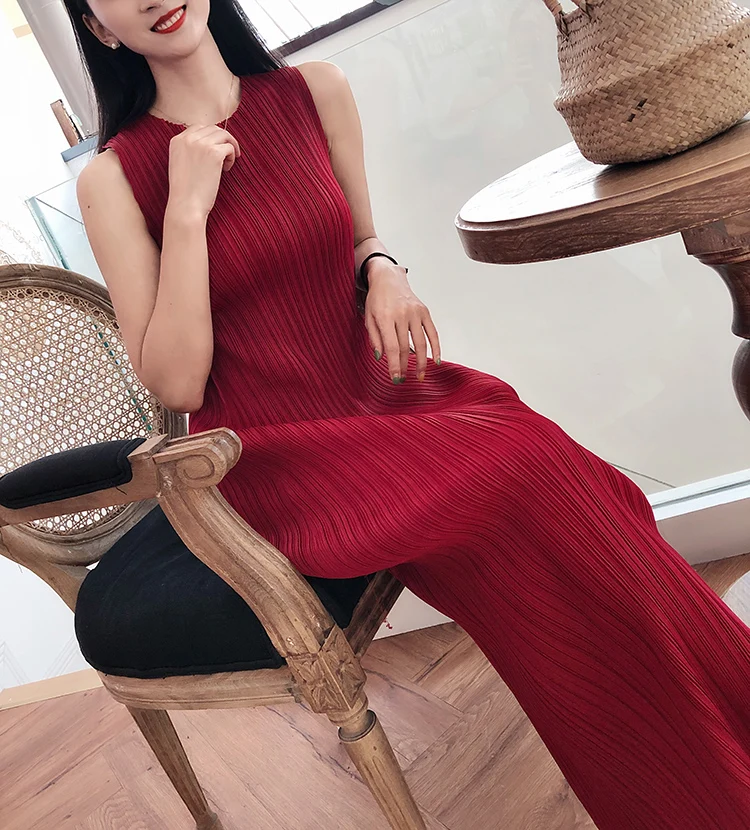 Miyake Pleated Women Dress Summer Sleeveless Long Classic Korean Fashion Casual Elegant Female Lce Water Blue Beach Dress TP5045