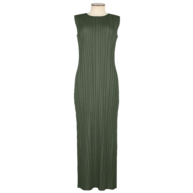Miyake Pleated Women Dress Summer Sleeveless Long Classic Korean Fashion Casual Elegant Female Lce Water Blue Beach Dress TP5045