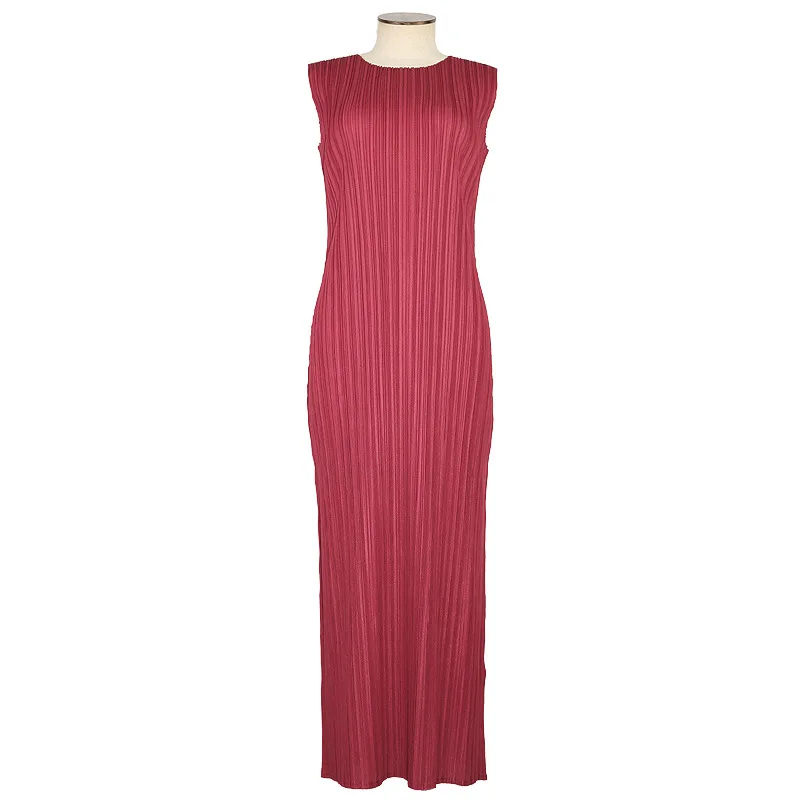 Miyake Pleated Women Dress Summer Sleeveless Long Classic Korean Fashion Casual Elegant Female Lce Water Blue Beach Dress TP5045