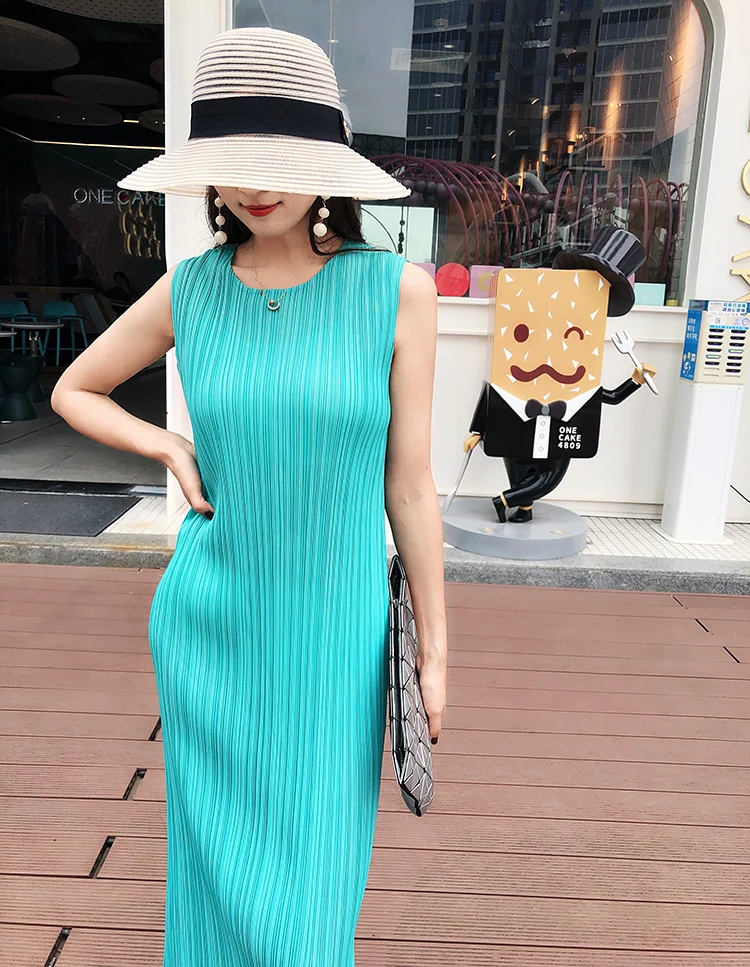 Miyake Pleated Women Dress Summer Sleeveless Long Classic Korean Fashion Casual Elegant Female Lce Water Blue Beach Dress TP5045