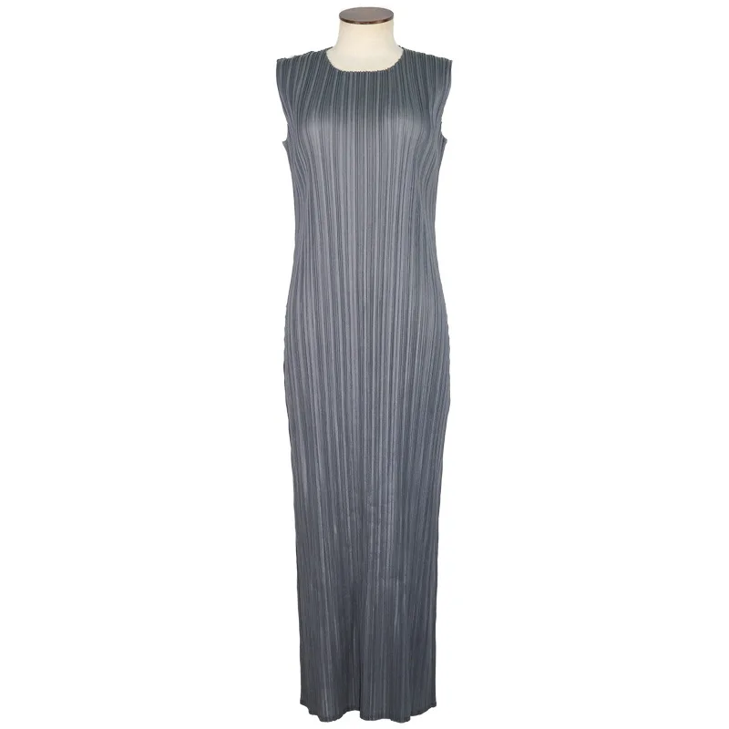 Miyake Pleated Women Dress Summer Sleeveless Long Classic Korean Fashion Casual Elegant Female Lce Water Blue Beach Dress TP5045