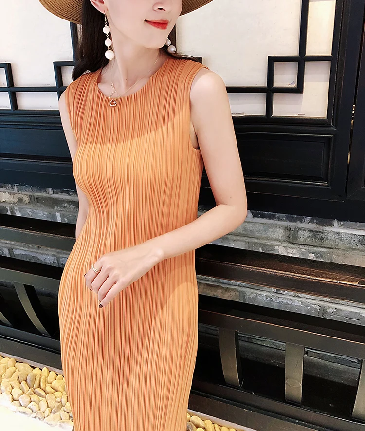 Miyake Pleated Women Dress Summer Sleeveless Long Classic Korean Fashion Casual Elegant Female Lce Water Blue Beach Dress TP5045
