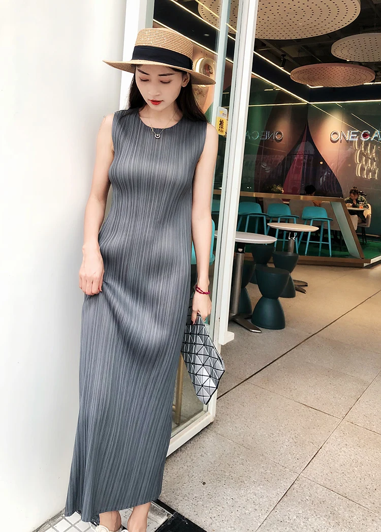 Miyake Pleated Women Dress Summer Sleeveless Long Classic Korean Fashion Casual Elegant Female Lce Water Blue Beach Dress TP5045