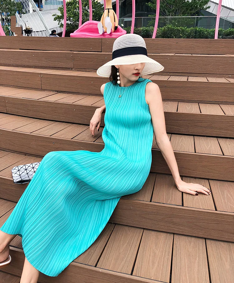 Miyake Pleated Women Dress Summer Sleeveless Long Classic Korean Fashion Casual Elegant Female Lce Water Blue Beach Dress TP5045