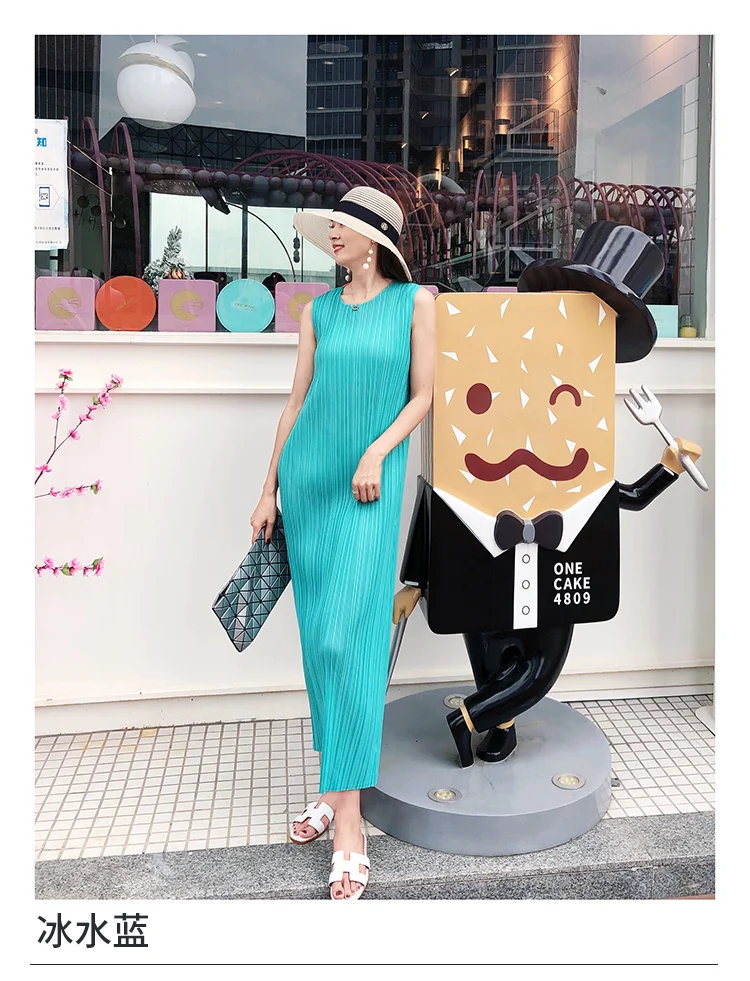 Miyake Pleated Women Dress Summer Sleeveless Long Classic Korean Fashion Casual Elegant Female Lce Water Blue Beach Dress TP5045