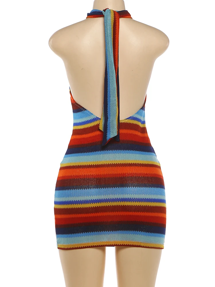 Kliou Stripe Patchwork Mini Dress Woman Bandage Halter Off Shoulder Backless Skinny Peach Hip Hot Girls Street Fashion Bodycon
