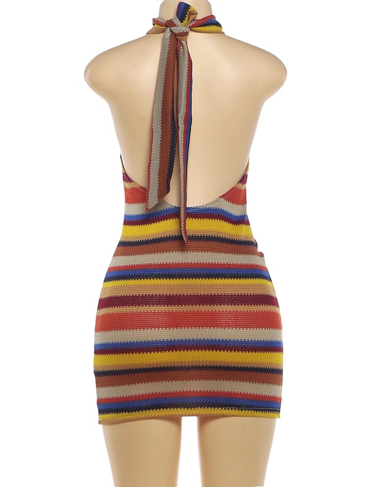Kliou Stripe Patchwork Mini Dress Woman Bandage Halter Off Shoulder Backless Skinny Peach Hip Hot Girls Street Fashion Bodycon