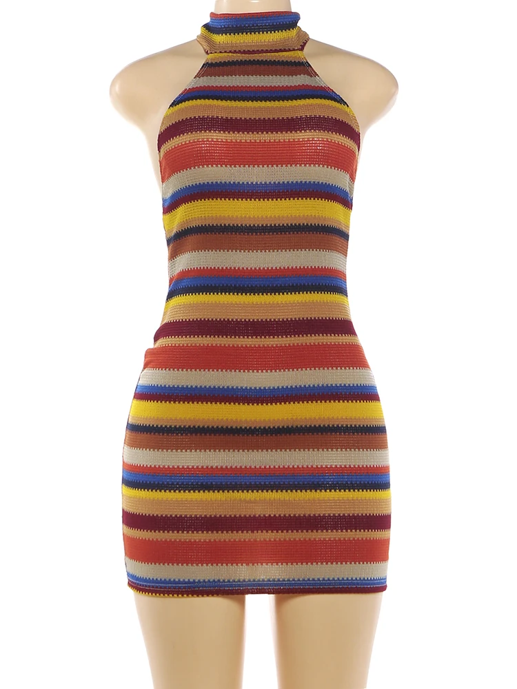 Kliou Stripe Patchwork Mini Dress Woman Bandage Halter Off Shoulder Backless Skinny Peach Hip Hot Girls Street Fashion Bodycon