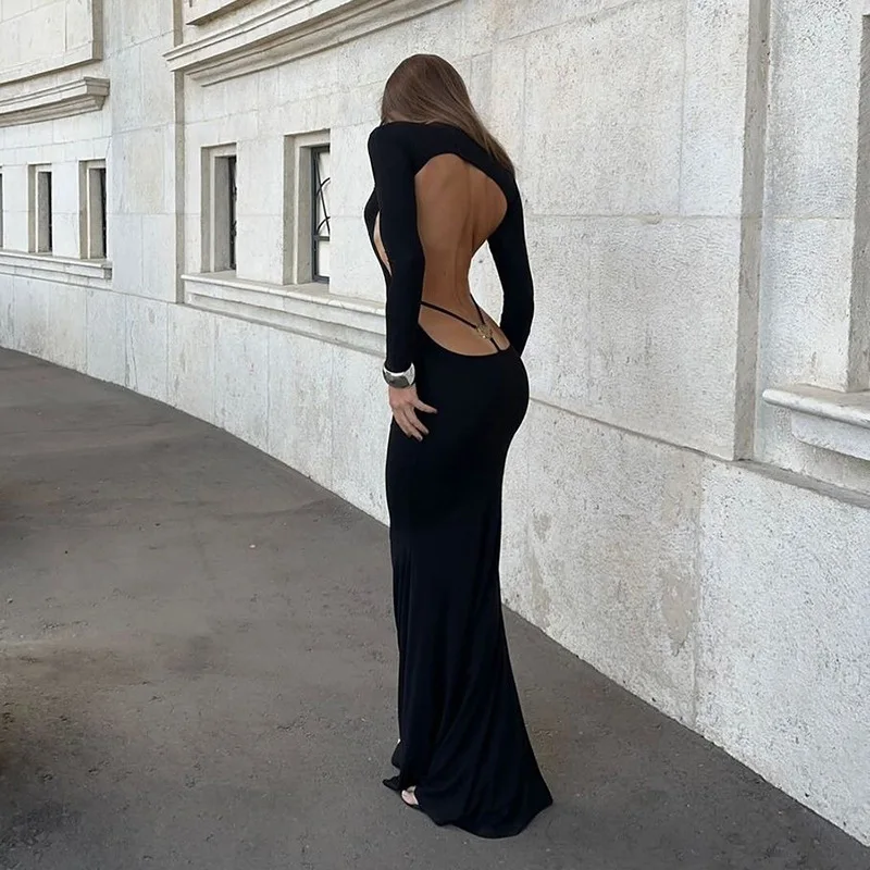 Ladies Autumn Elegant Evening Party Dress Women Long Sleeve Backless Bodycon Maxi Dresses Night Clubwear Streetwear Fall Outfits