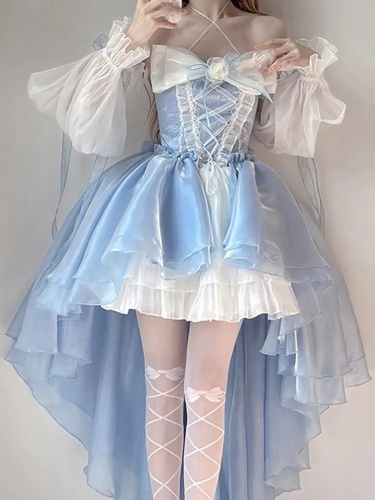 2024 New French Romantic Lolita Elegant Dress Irregular Cosplay Princess Puff Sleeve Bowknot Flower Mesh Fantastic Fairy Dresses