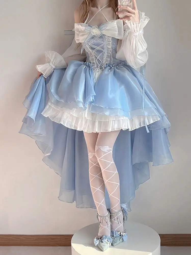 2024 New French Romantic Lolita Elegant Dress Irregular Cosplay Princess Puff Sleeve Bowknot Flower Mesh Fantastic Fairy Dresses