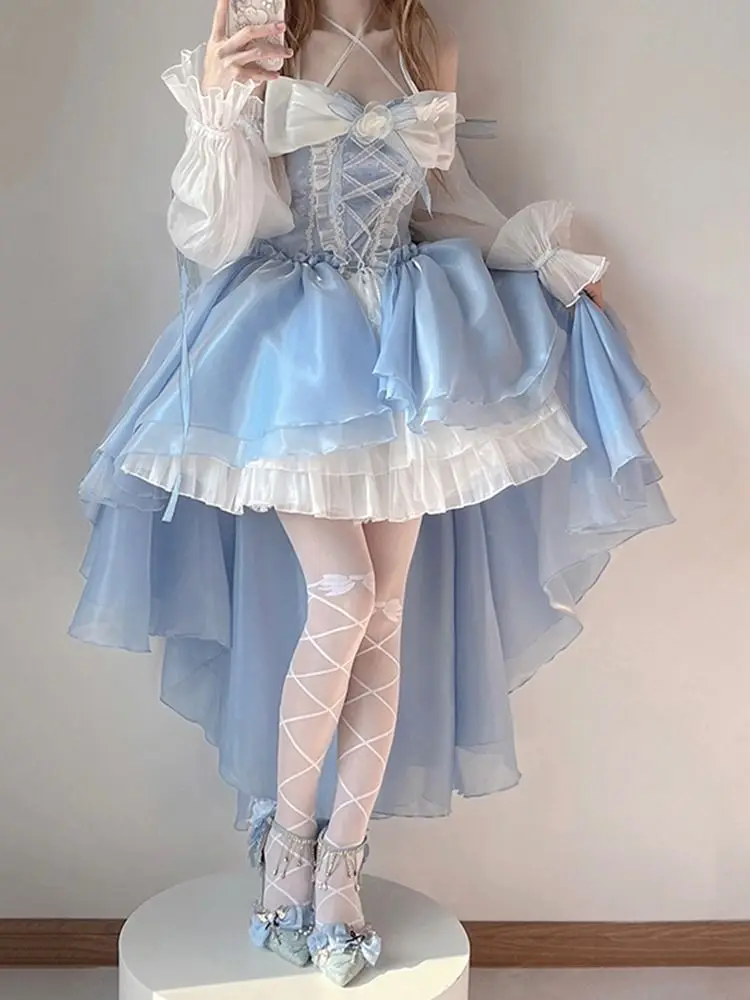 2024 New French Romantic Lolita Elegant Dress Irregular Cosplay Princess Puff Sleeve Bowknot Flower Mesh Fantastic Fairy Dresses