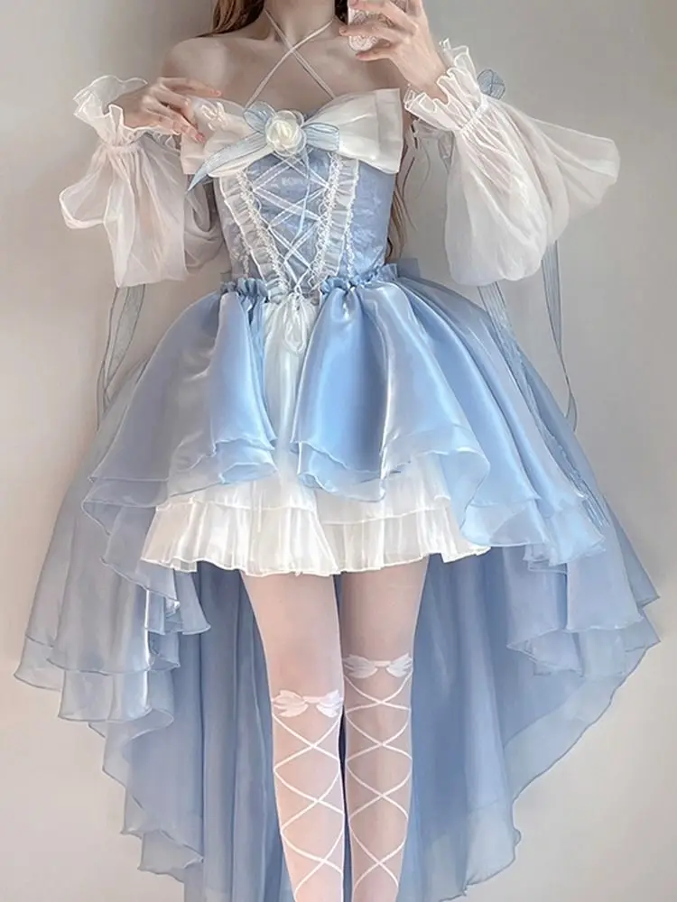 2024 New French Romantic Lolita Elegant Dress Irregular Cosplay Princess Puff Sleeve Bowknot Flower Mesh Fantastic Fairy Dresses
