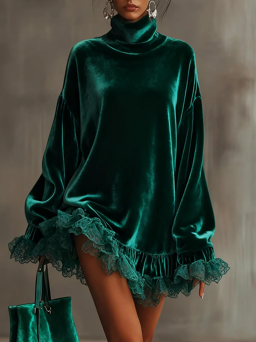 Luxury Turtleneck Solid Velvet Evening Dress Women Sexy Patchwork Lace Long Sleeve Ruffle Autumn Loose Banquet Party Dress