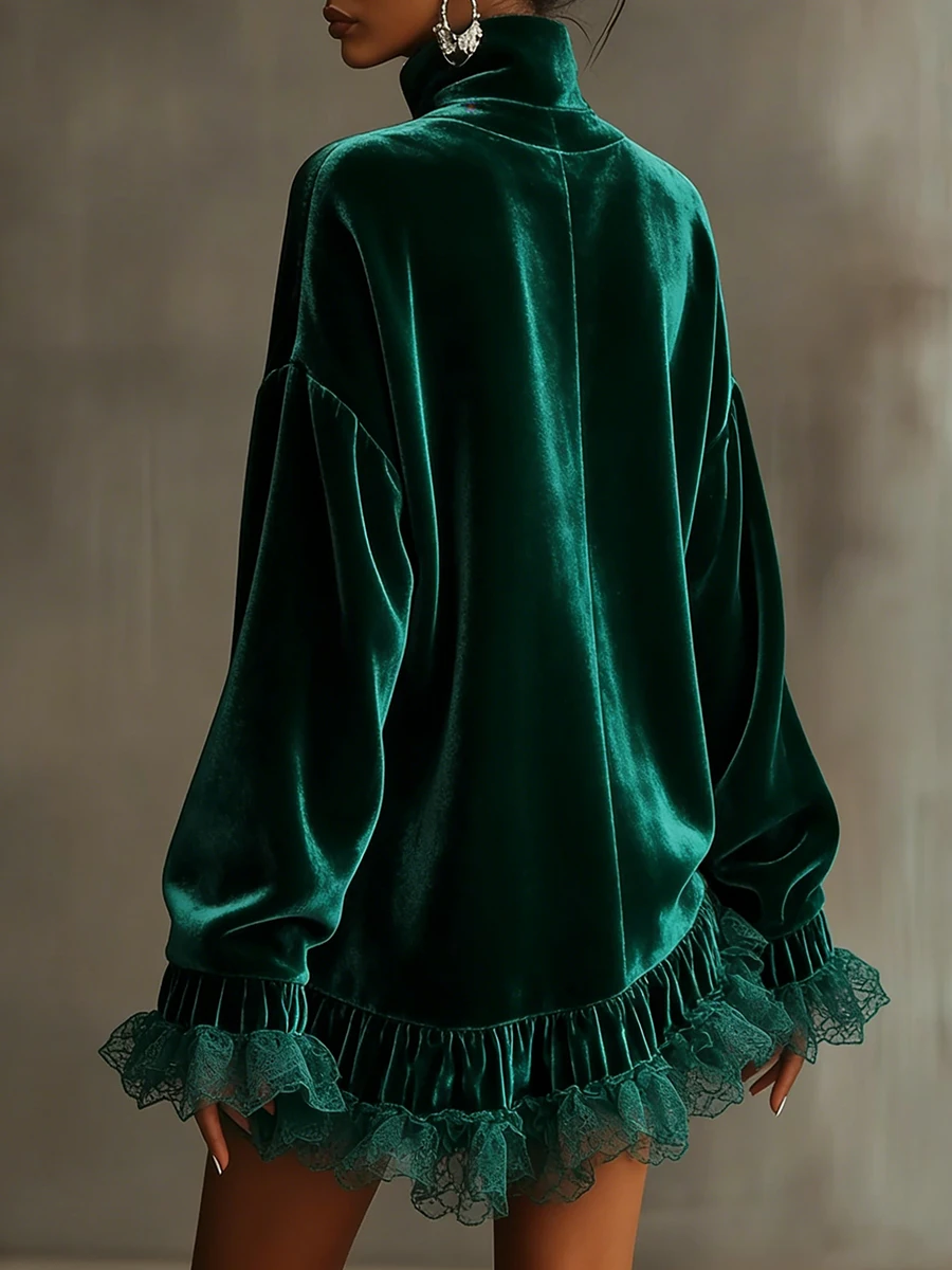 Luxury Turtleneck Solid Velvet Evening Dress Women Sexy Patchwork Lace Long Sleeve Ruffle Autumn Loose Banquet Party Dress