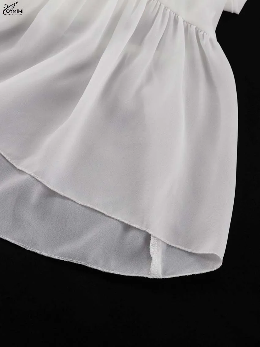 Oymimi Elegant White Ruffled Dresses 2025 Woman Fashion V-Neck Lace-Up Long Sleeve Dresses Casual High Waist Floor-Length Dress