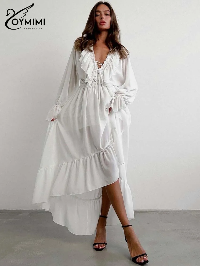 Oymimi Elegant White Ruffled Dresses 2025 Woman Fashion V-Neck Lace-Up Long Sleeve Dresses Casual High Waist Floor-Length Dress