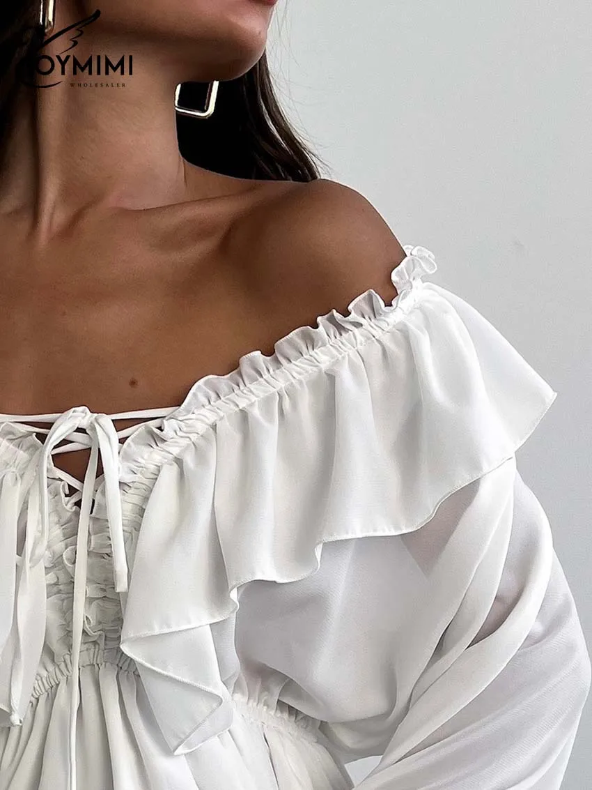 Oymimi Elegant White Ruffled Dresses 2025 Woman Fashion V-Neck Lace-Up Long Sleeve Dresses Casual High Waist Floor-Length Dress