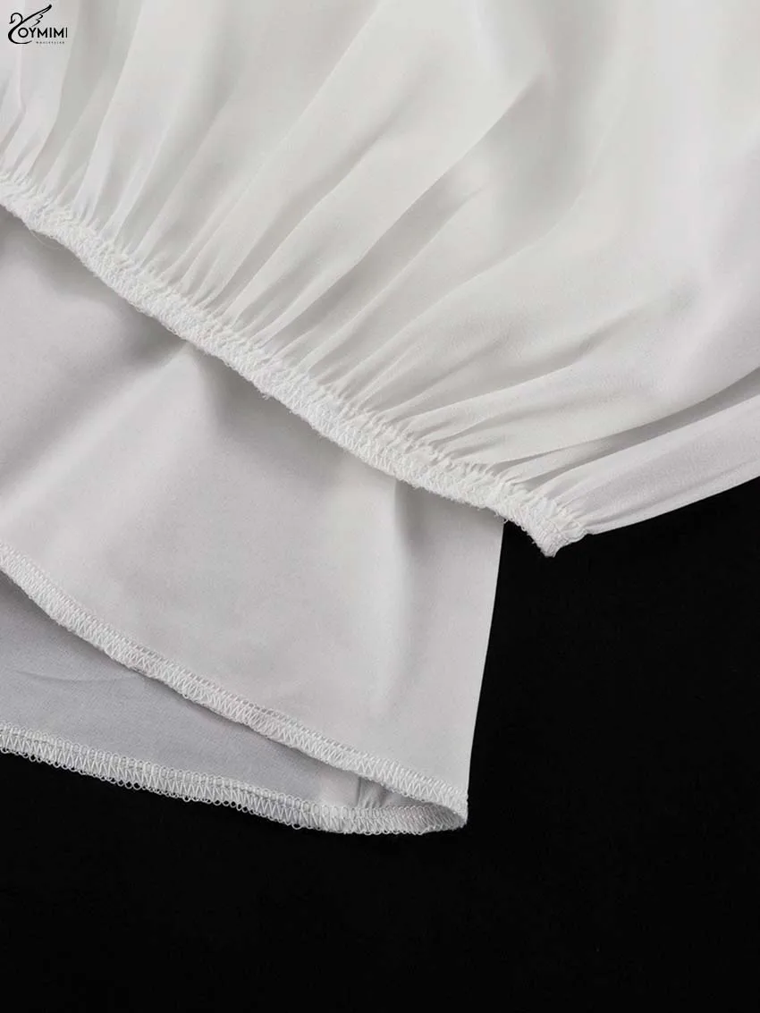 Oymimi Elegant White Ruffled Dresses 2025 Woman Fashion V-Neck Lace-Up Long Sleeve Dresses Casual High Waist Floor-Length Dress