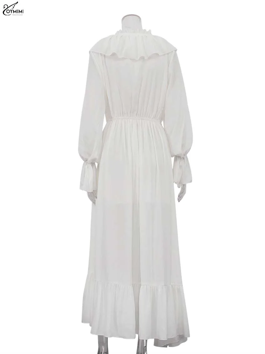Oymimi Elegant White Ruffled Dresses 2025 Woman Fashion V-Neck Lace-Up Long Sleeve Dresses Casual High Waist Floor-Length Dress