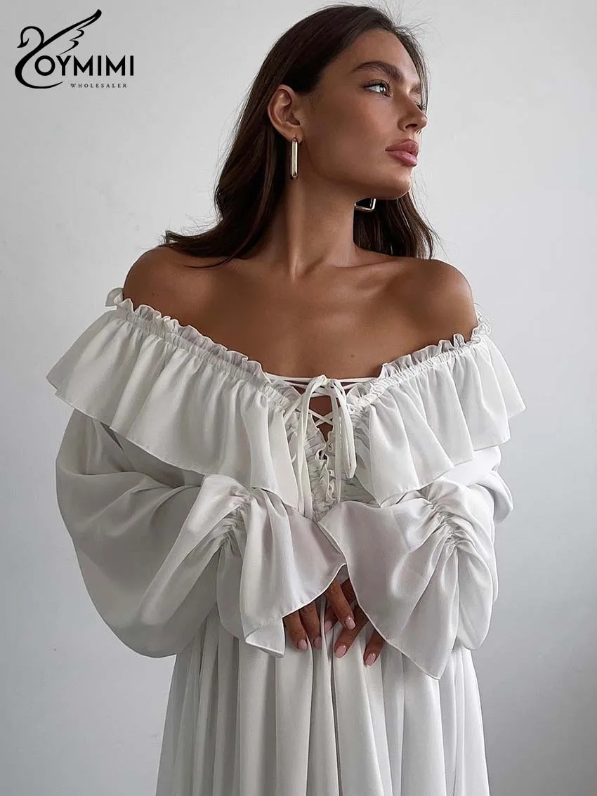 Oymimi Elegant White Ruffled Dresses 2025 Woman Fashion V-Neck Lace-Up Long Sleeve Dresses Casual High Waist Floor-Length Dress