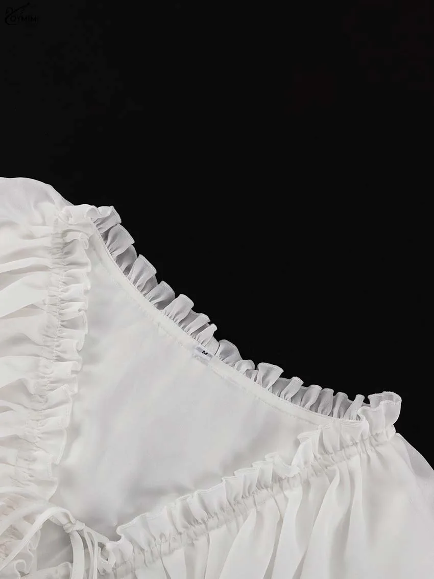 Oymimi Elegant White Ruffled Dresses 2025 Woman Fashion V-Neck Lace-Up Long Sleeve Dresses Casual High Waist Floor-Length Dress