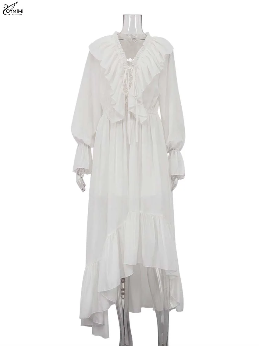 Oymimi Elegant White Ruffled Dresses 2025 Woman Fashion V-Neck Lace-Up Long Sleeve Dresses Casual High Waist Floor-Length Dress