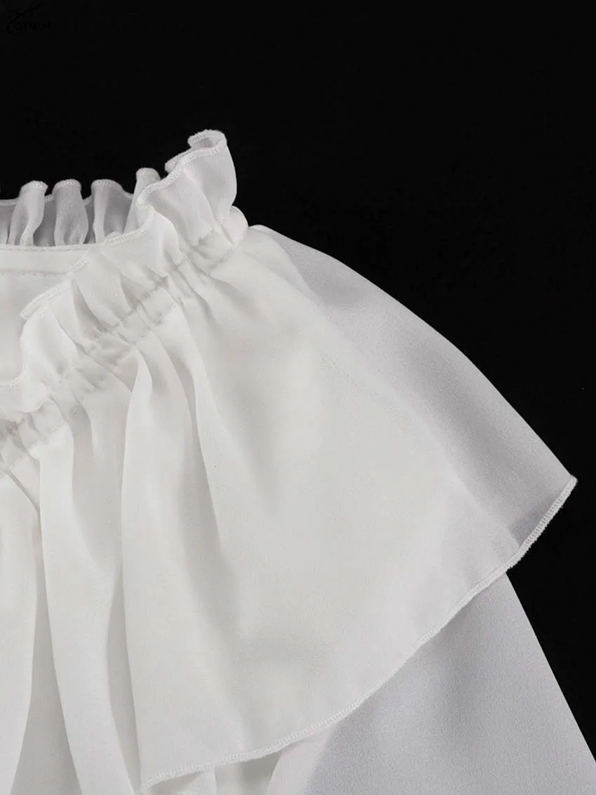 Oymimi Elegant White Ruffled Dresses 2025 Woman Fashion V-Neck Lace-Up Long Sleeve Dresses Casual High Waist Floor-Length Dress