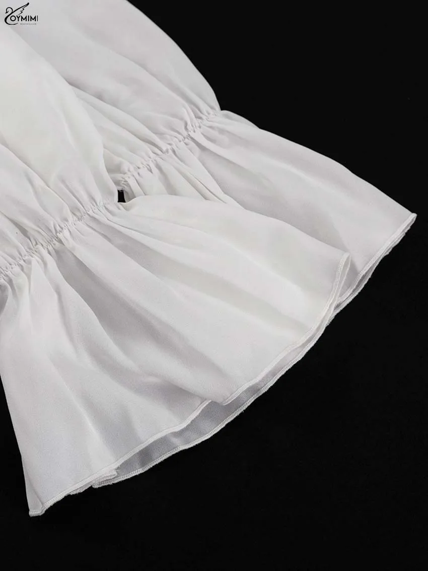 Oymimi Elegant White Ruffled Dresses 2025 Woman Fashion V-Neck Lace-Up Long Sleeve Dresses Casual High Waist Floor-Length Dress
