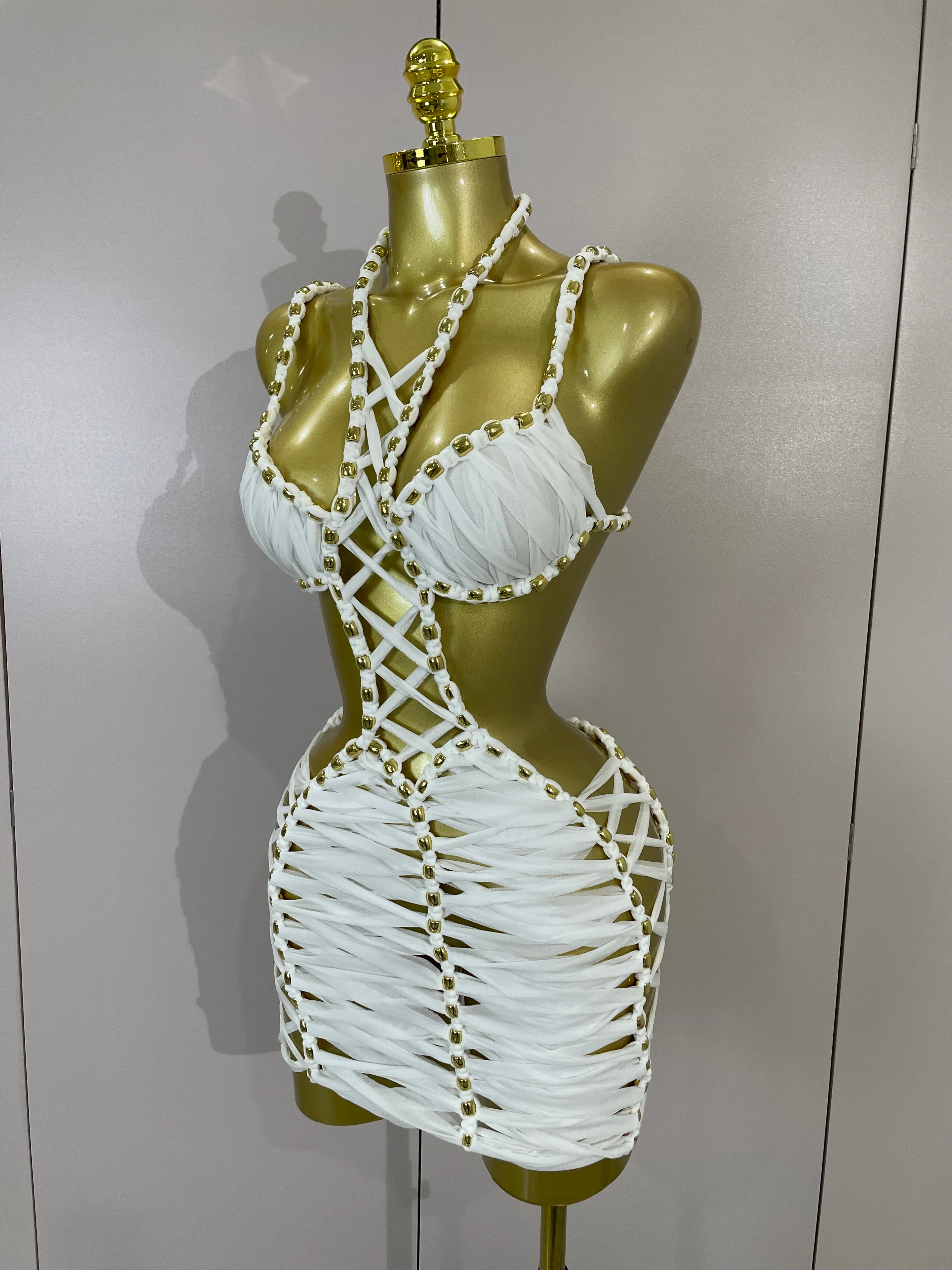 2026 Women Sexy White Halter Neck Perspective Hollow Mini Dresses Summer Backless Nightclub Party Evening Club Performance Dress