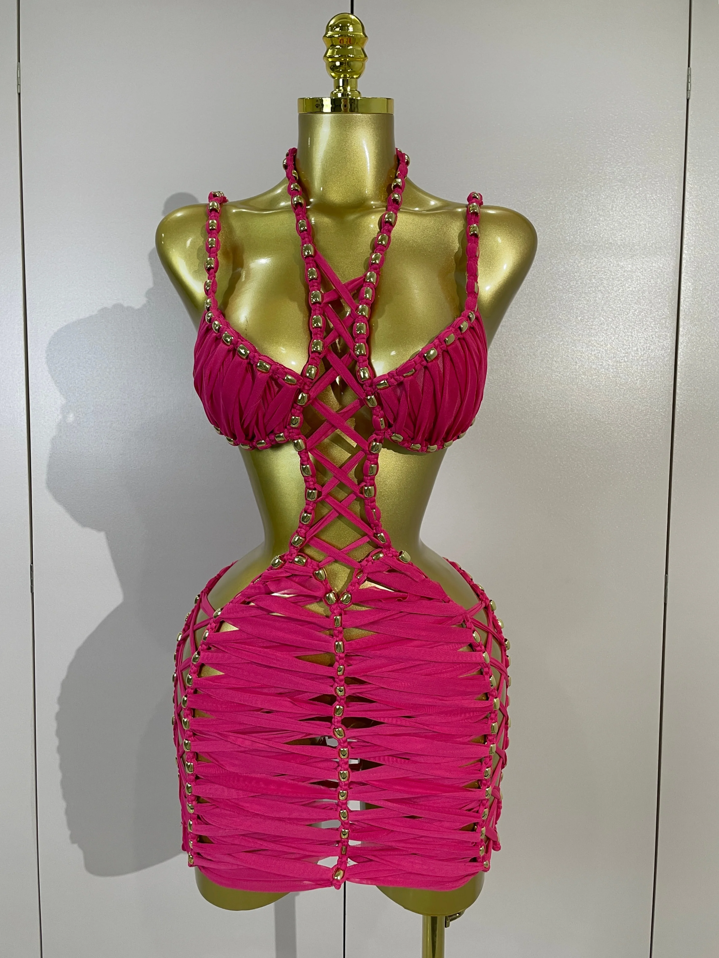 2026 Women Sexy White Halter Neck Perspective Hollow Mini Dresses Summer Backless Nightclub Party Evening Club Performance Dress