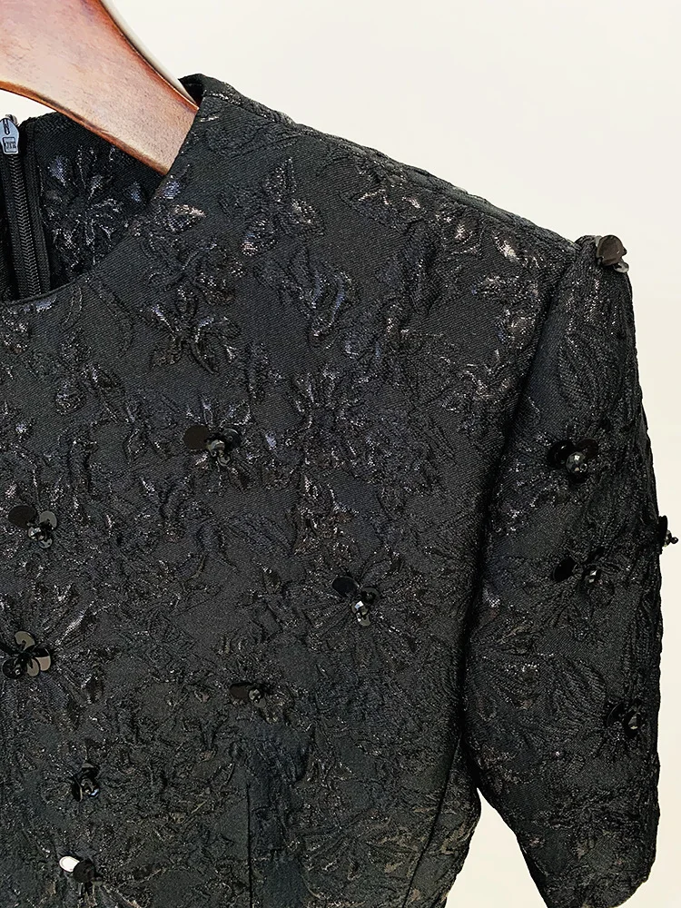 HIGH STREET Newest 2026 Designer Fashion Stylish Dress Women's Beaded Floral Jacquard Trimmed Dress