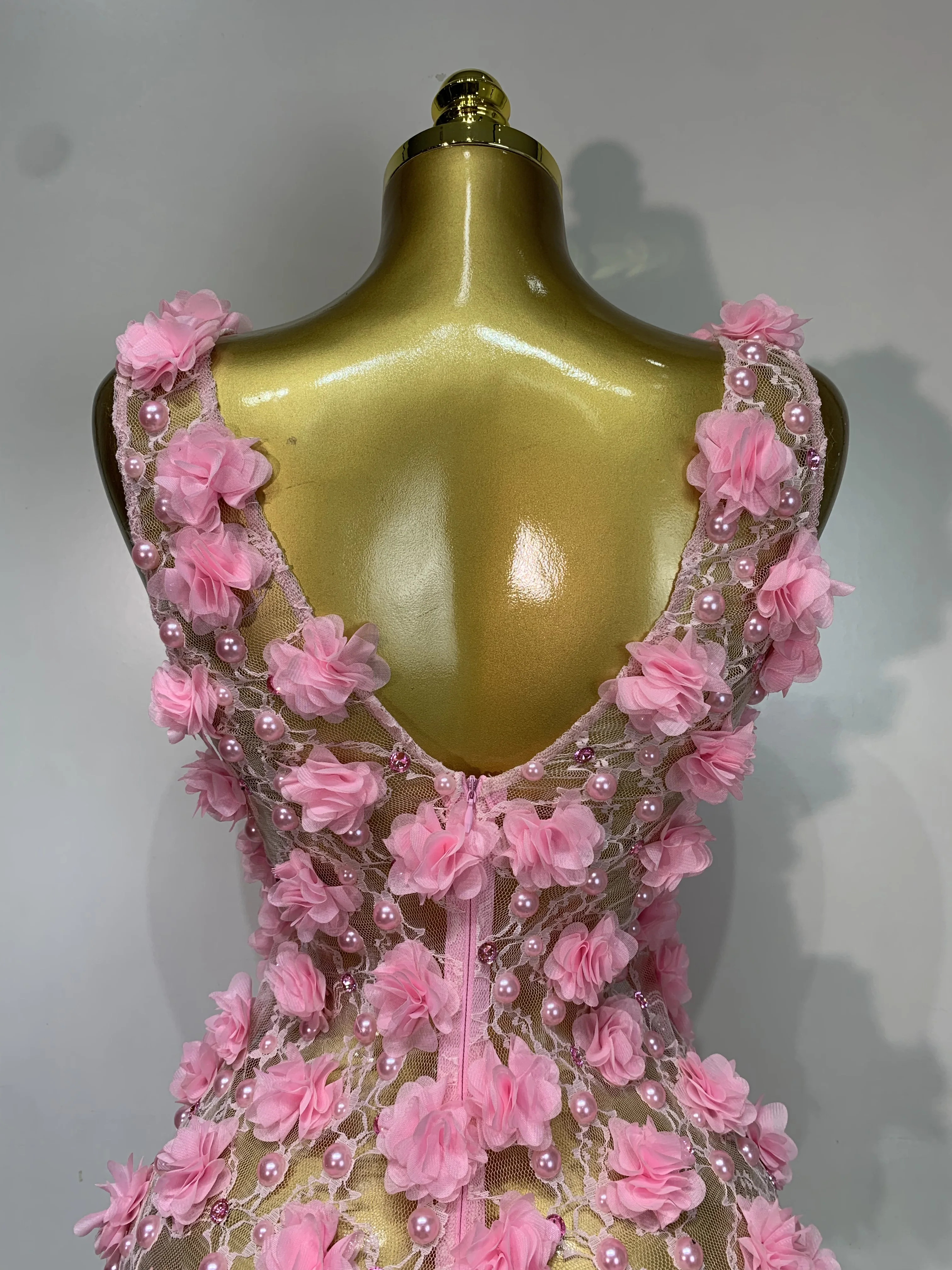 Women Luxury Pink Flowers Pearls Lace See Through Bodycon Mini Dress Birthday Photoshoot Evening Party Nightclub Stage Costume