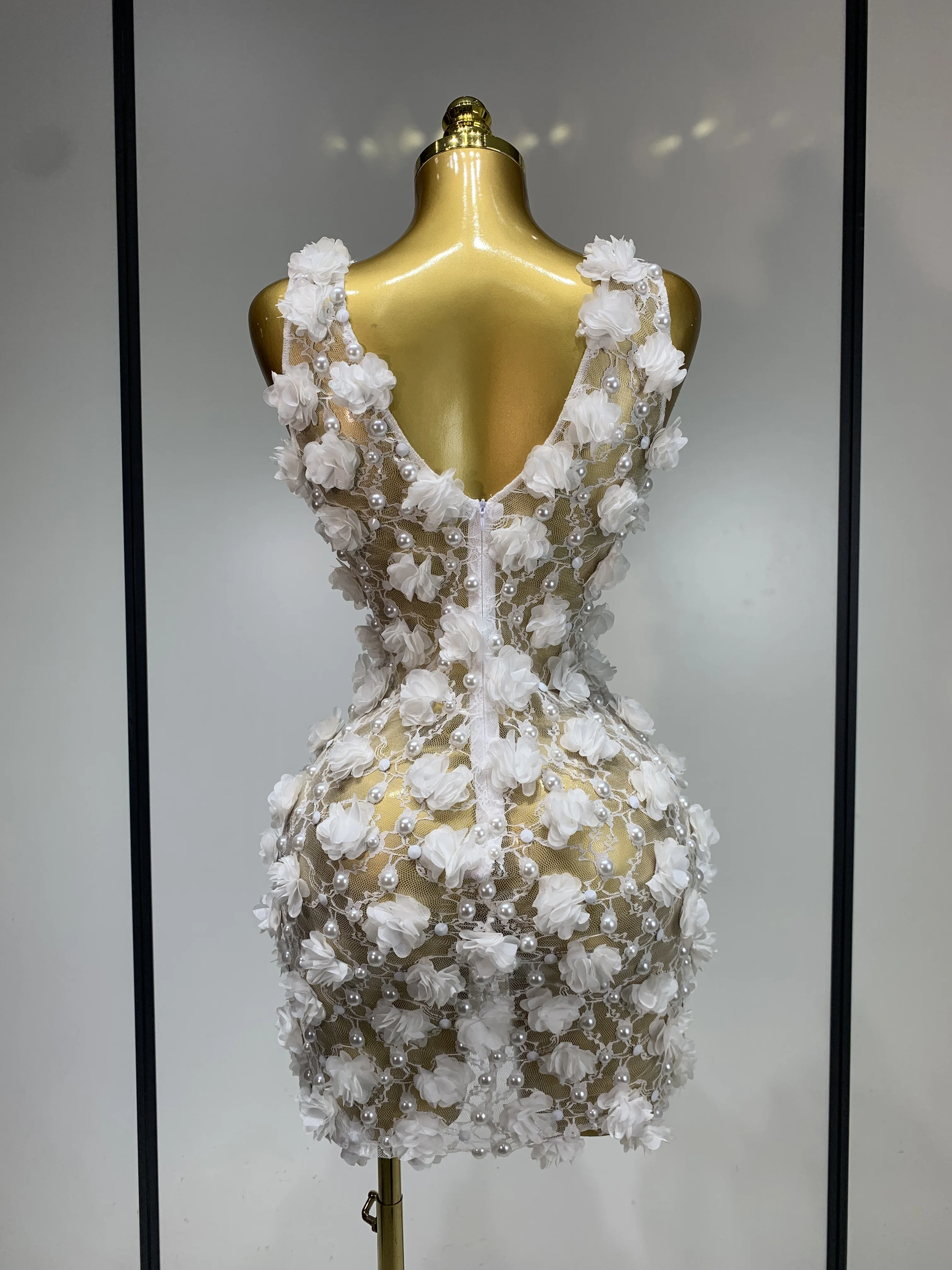 Women Luxury Pink Flowers Pearls Lace See Through Bodycon Mini Dress Birthday Photoshoot Evening Party Nightclub Stage Costume