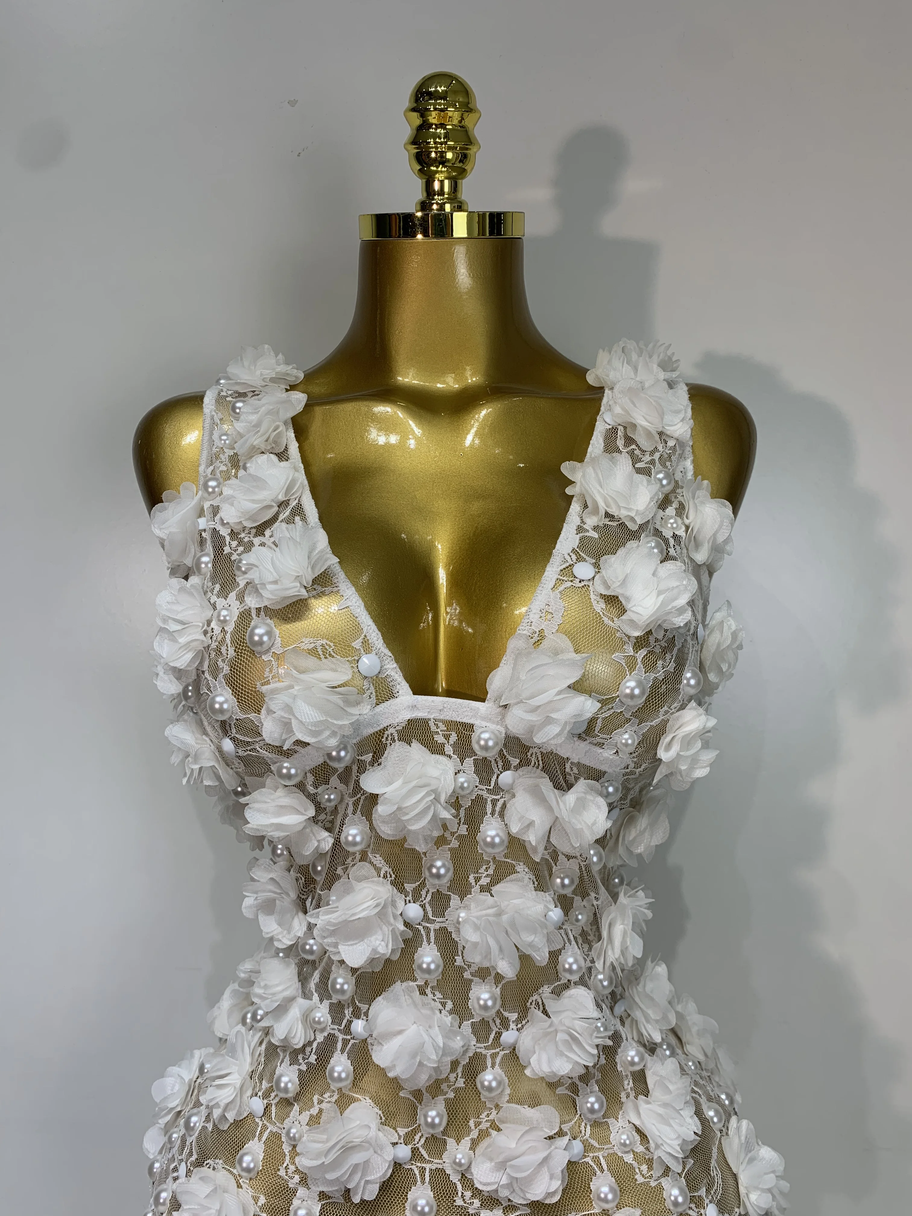Women Luxury Pink Flowers Pearls Lace See Through Bodycon Mini Dress Birthday Photoshoot Evening Party Nightclub Stage Costume