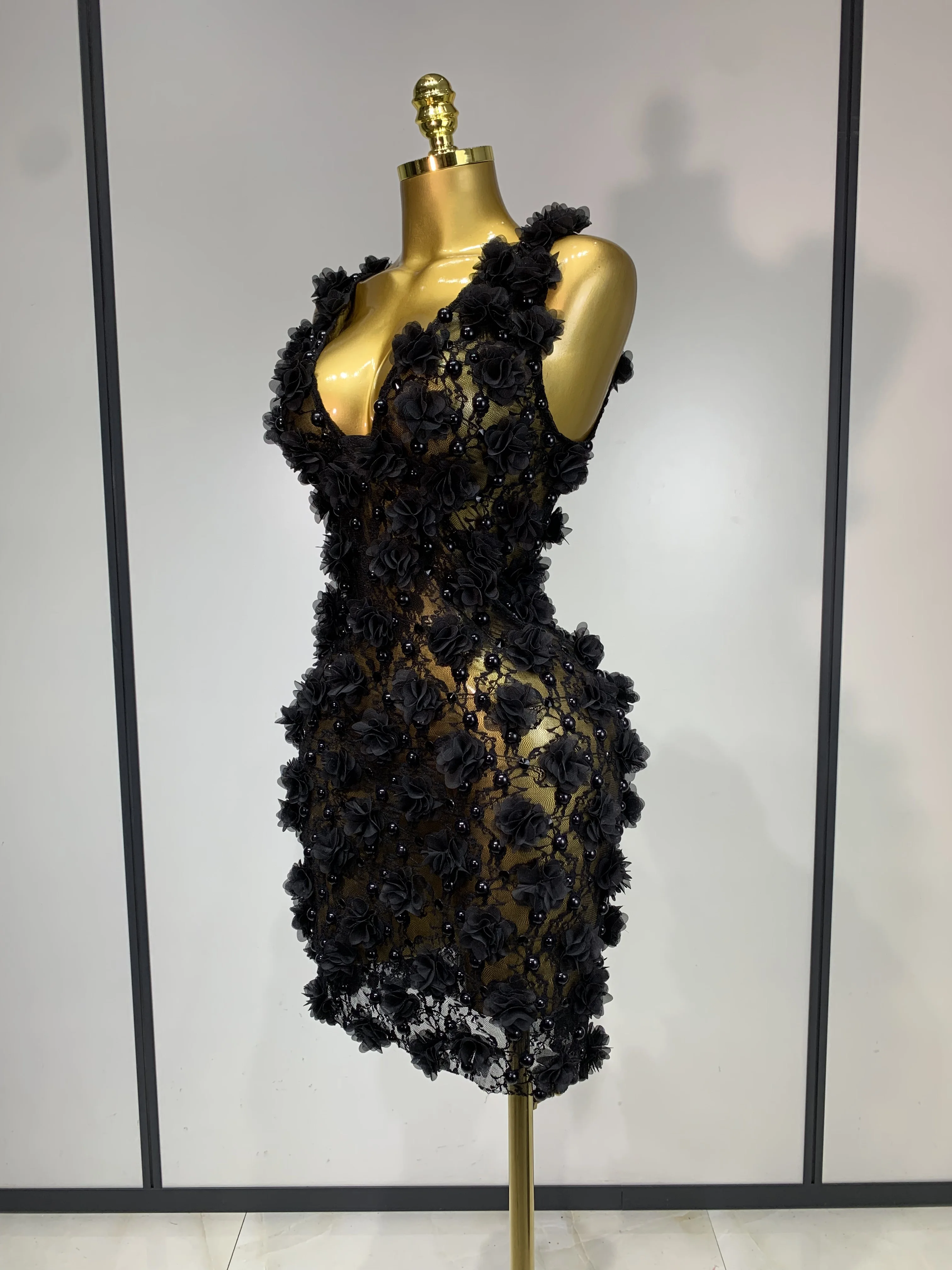 Women Luxury Pink Flowers Pearls Lace See Through Bodycon Mini Dress Birthday Photoshoot Evening Party Nightclub Stage Costume