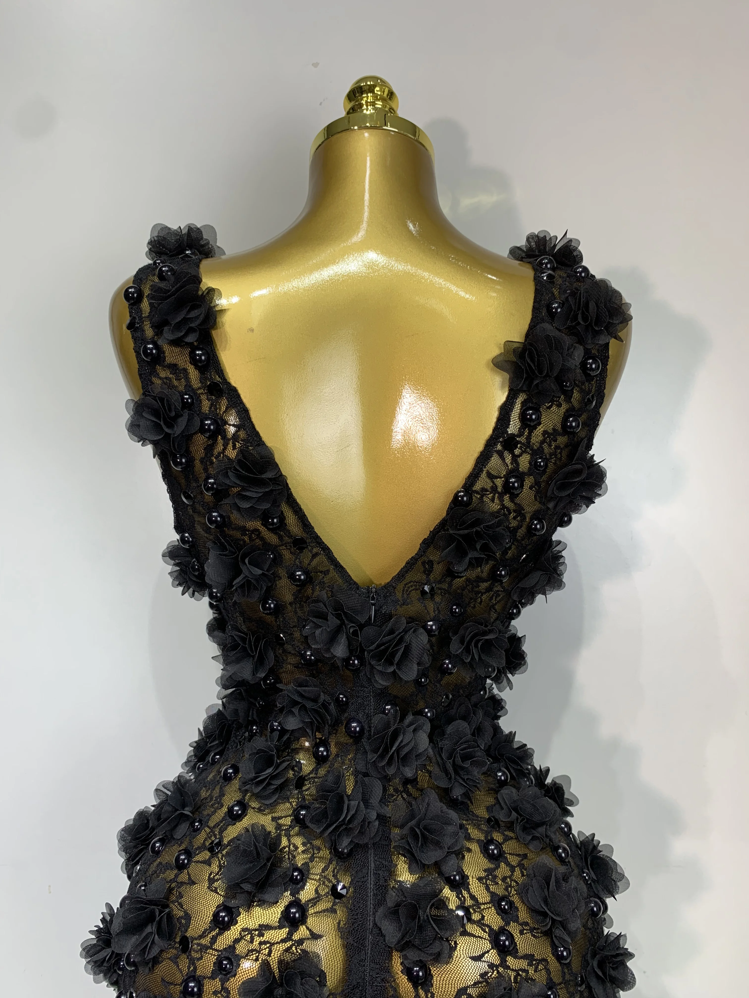 Women Luxury Pink Flowers Pearls Lace See Through Bodycon Mini Dress Birthday Photoshoot Evening Party Nightclub Stage Costume