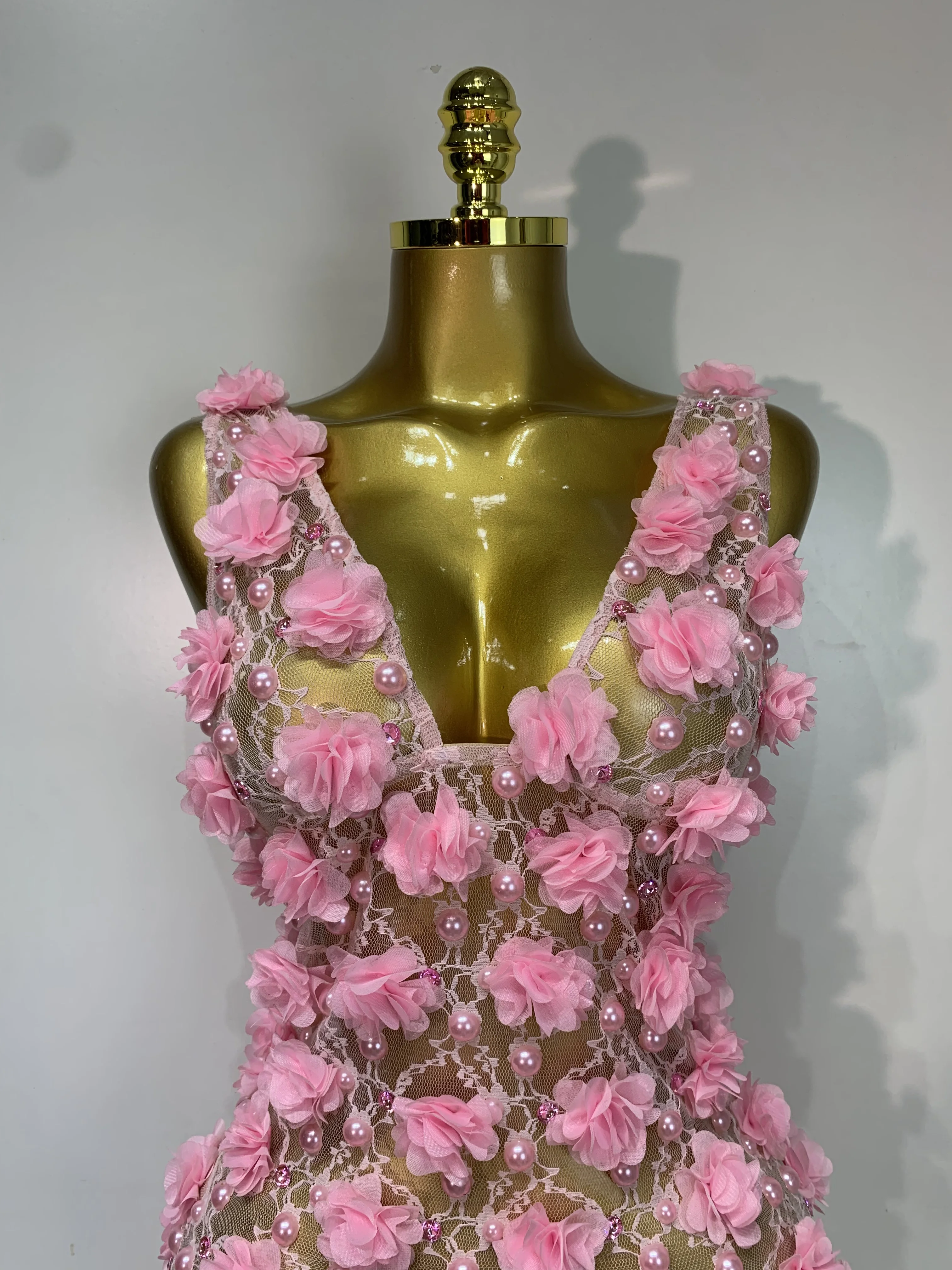 Women Luxury Pink Flowers Pearls Lace See Through Bodycon Mini Dress Birthday Photoshoot Evening Party Nightclub Stage Costume