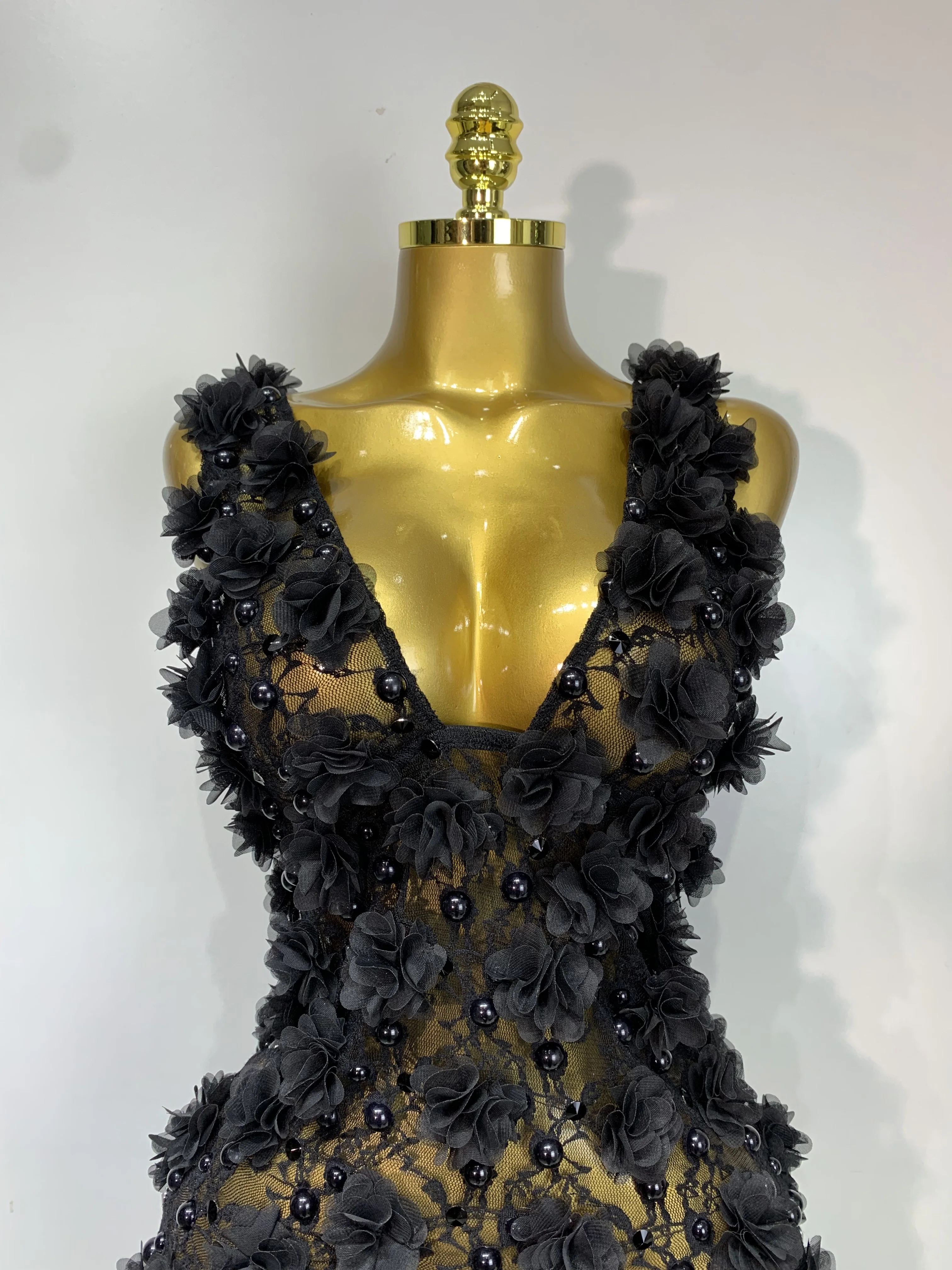 Women Luxury Pink Flowers Pearls Lace See Through Bodycon Mini Dress Birthday Photoshoot Evening Party Nightclub Stage Costume