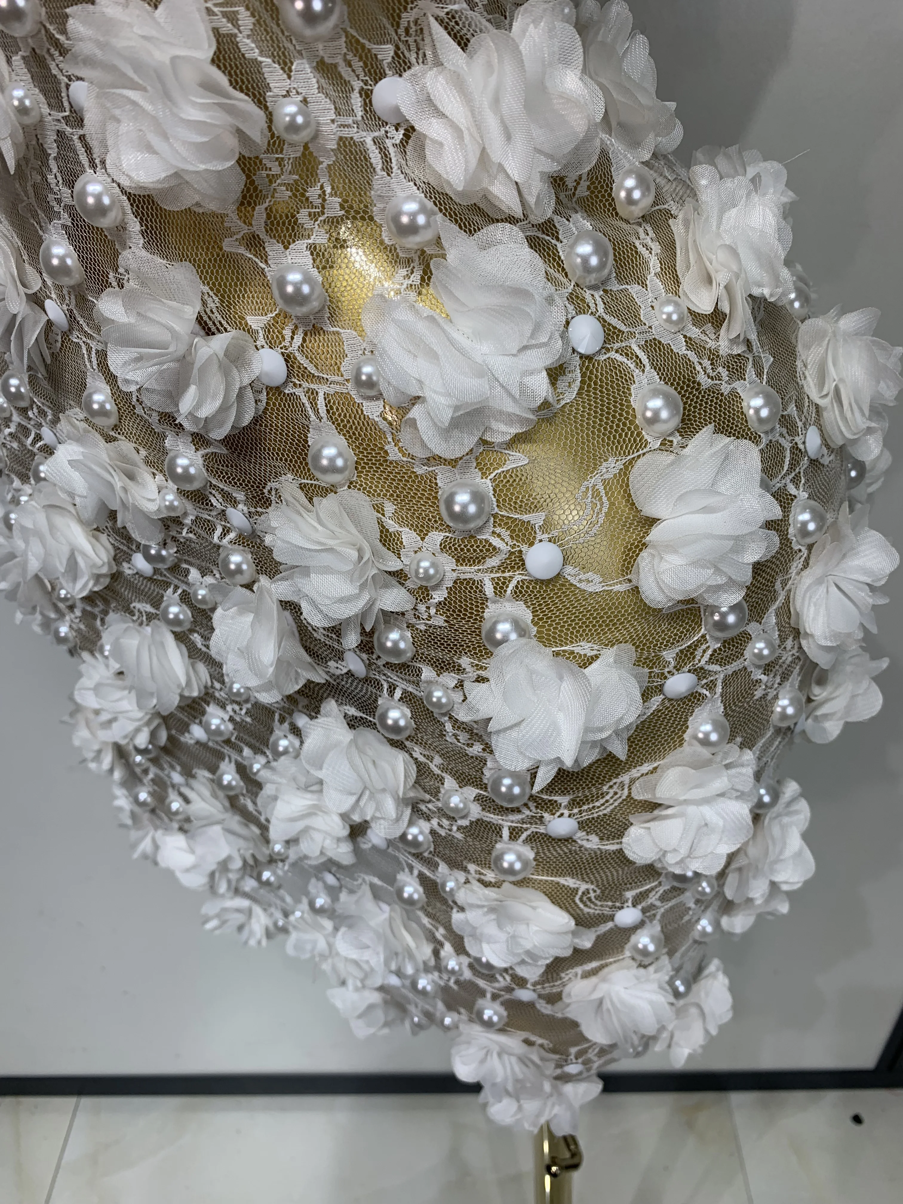 Women Luxury Pink Flowers Pearls Lace See Through Bodycon Mini Dress Birthday Photoshoot Evening Party Nightclub Stage Costume