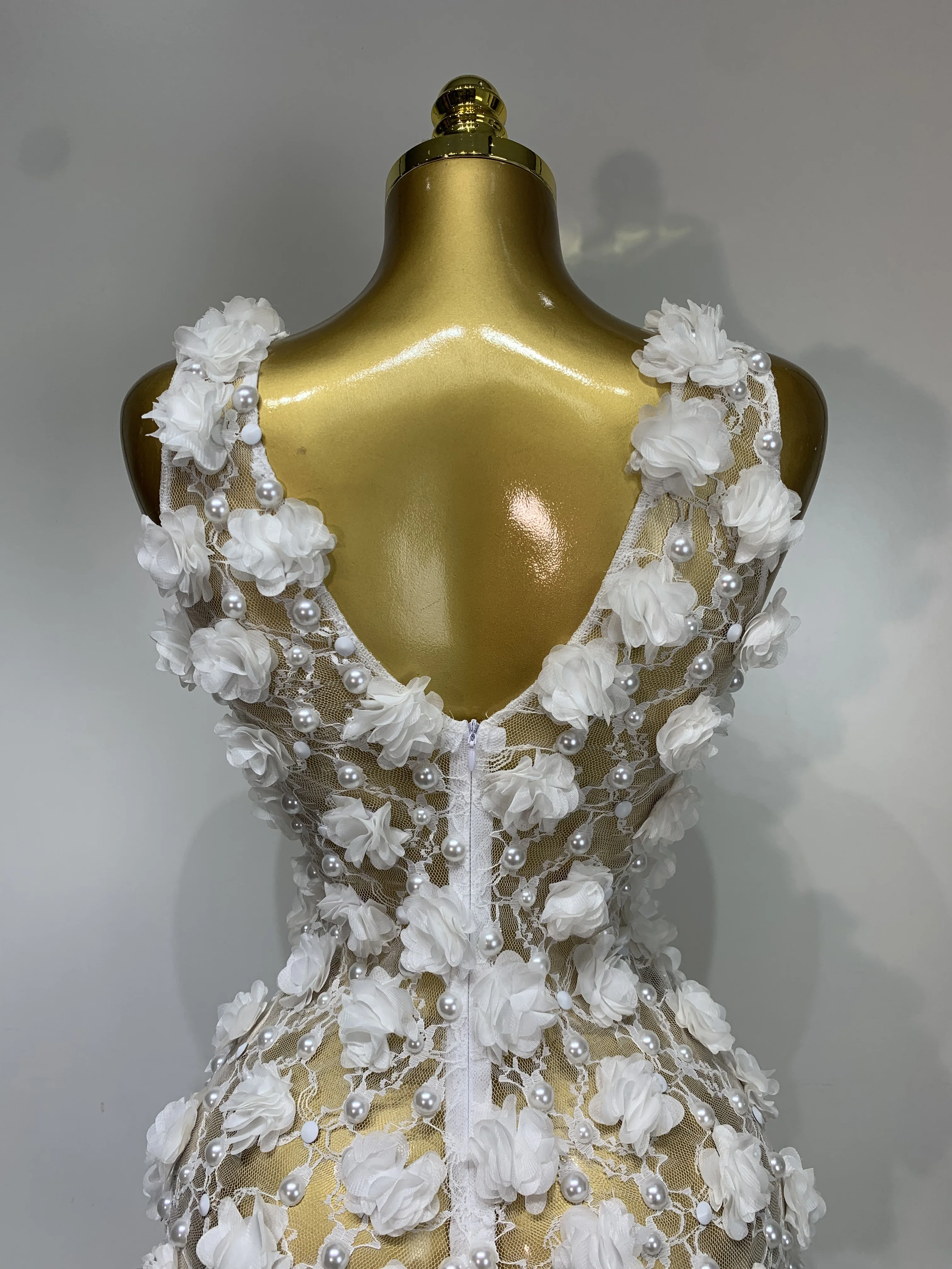 Women Luxury Pink Flowers Pearls Lace See Through Bodycon Mini Dress Birthday Photoshoot Evening Party Nightclub Stage Costume