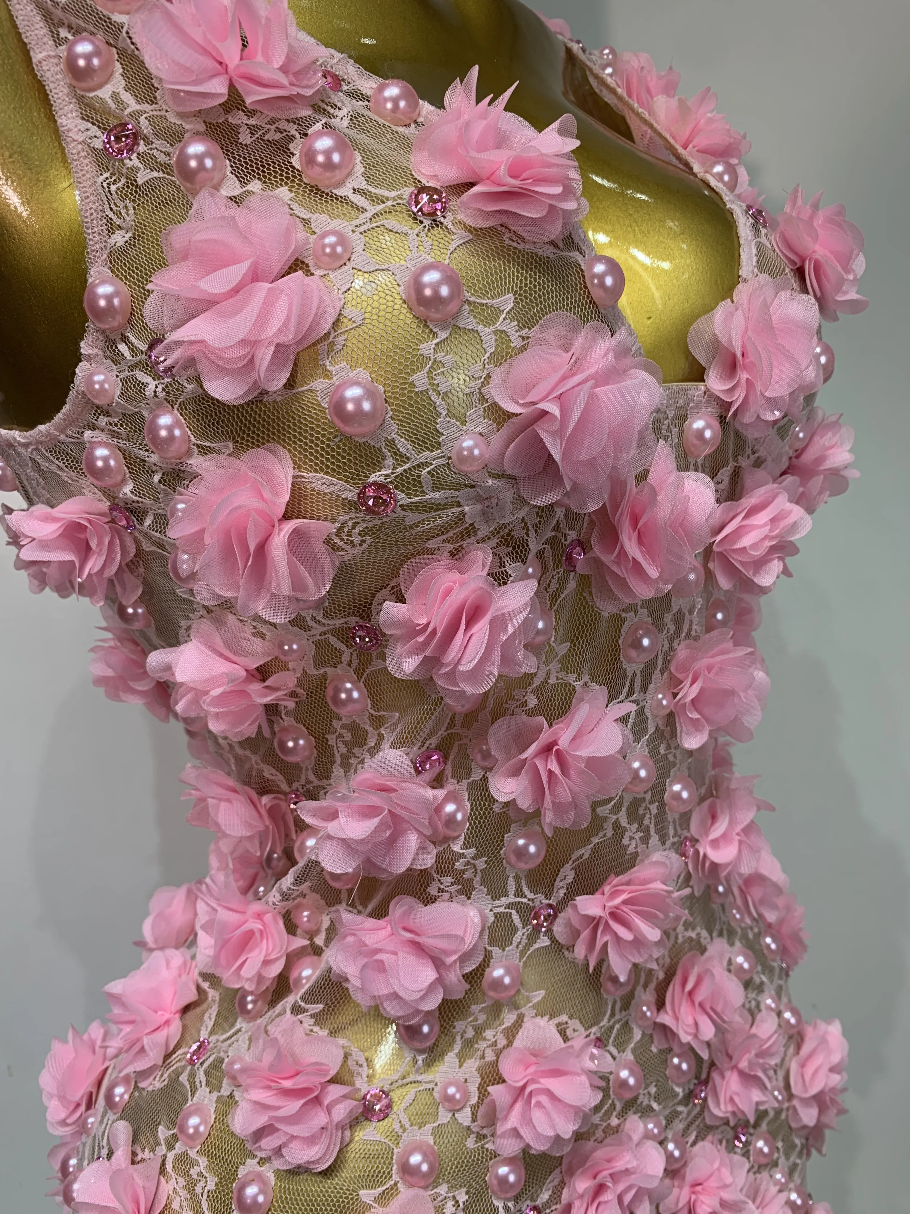 Women Luxury Pink Flowers Pearls Lace See Through Bodycon Mini Dress Birthday Photoshoot Evening Party Nightclub Stage Costume