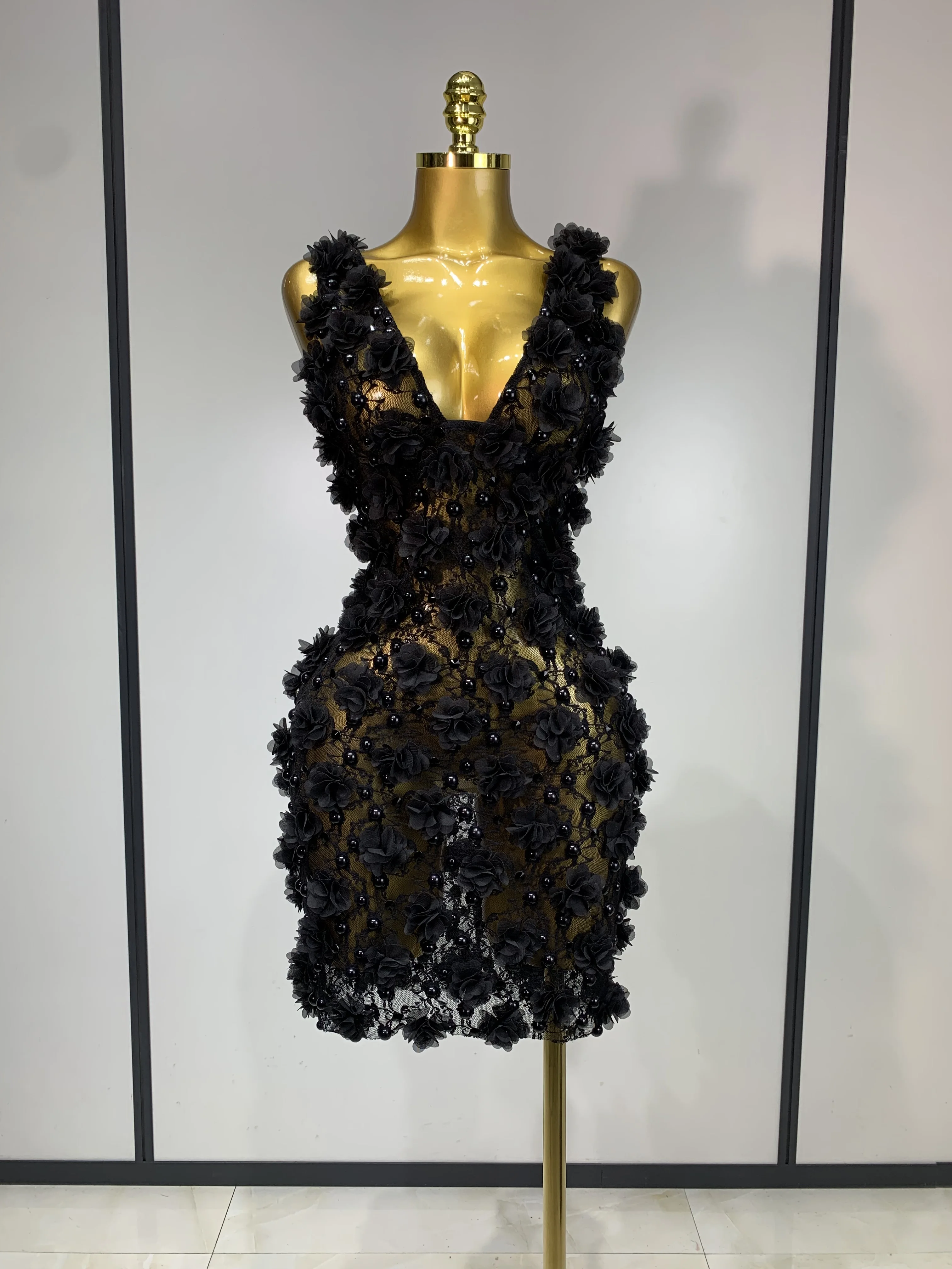 Women Luxury Pink Flowers Pearls Lace See Through Bodycon Mini Dress Birthday Photoshoot Evening Party Nightclub Stage Costume