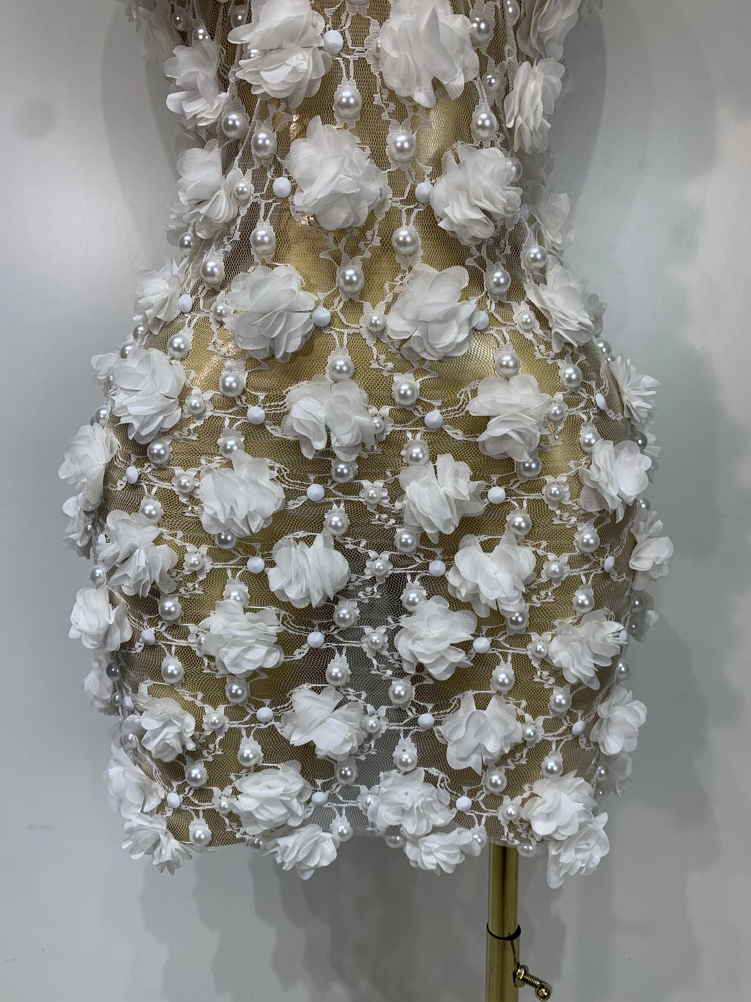 Women Luxury Pink Flowers Pearls Lace See Through Bodycon Mini Dress Birthday Photoshoot Evening Party Nightclub Stage Costume