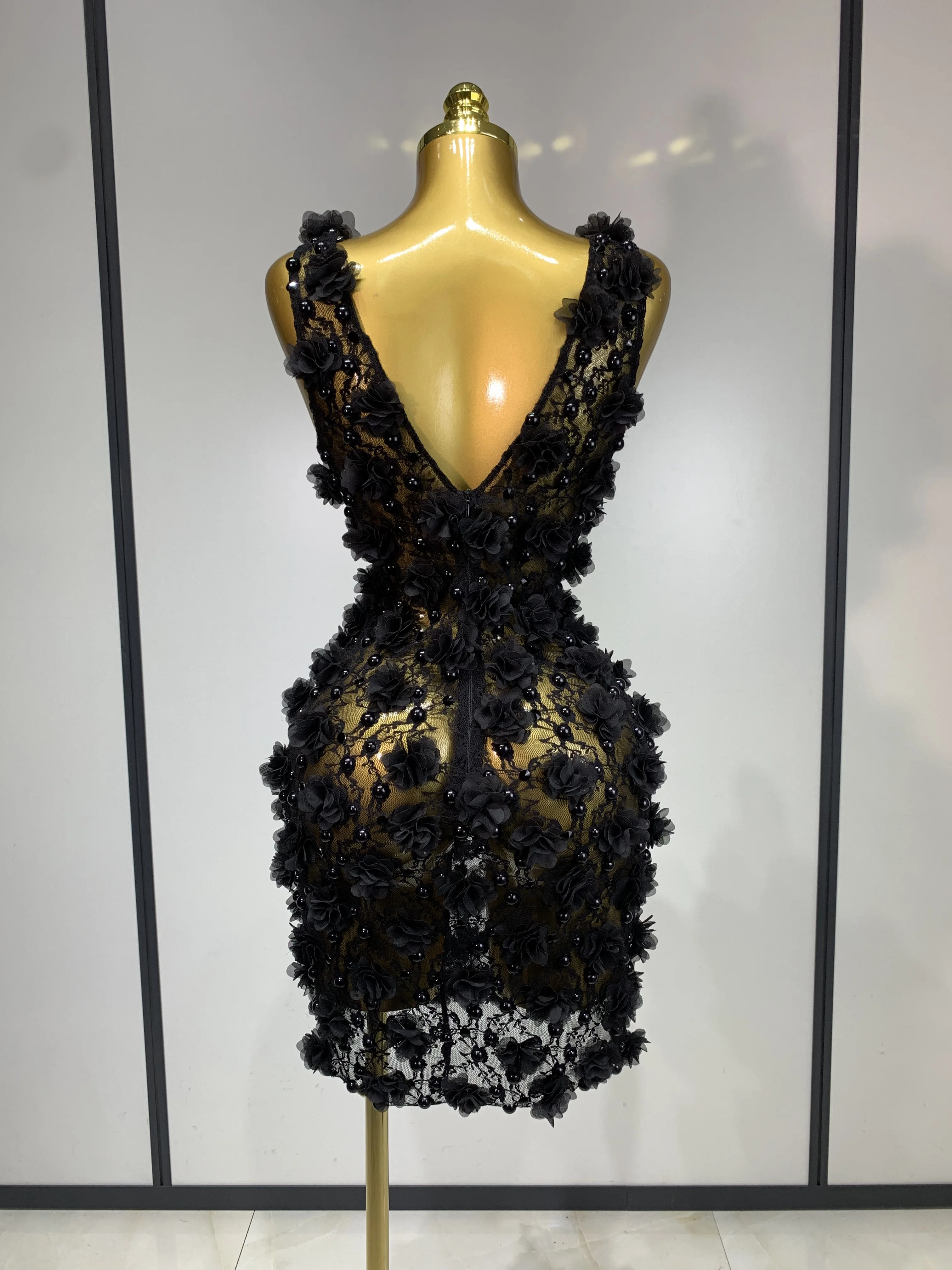 Women Luxury Pink Flowers Pearls Lace See Through Bodycon Mini Dress Birthday Photoshoot Evening Party Nightclub Stage Costume